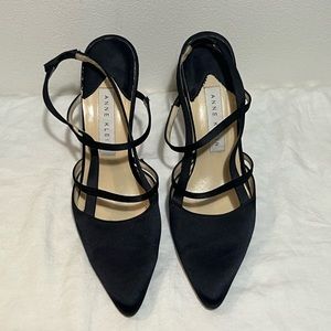 Anne Klein - black satin pointed toe strappy heels - size 7.5